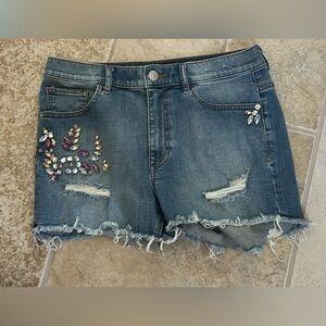 Express bedazzled Jean shorts, EUC, size 8, distressed